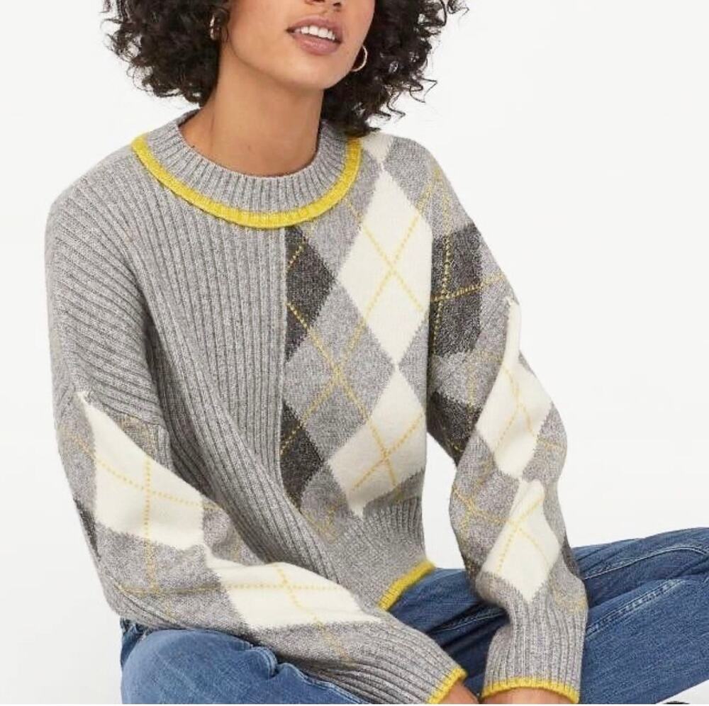 Pringle of Scotland x H&M Gray Ribbed Knit Argyle Crewneck Sweater Size Small